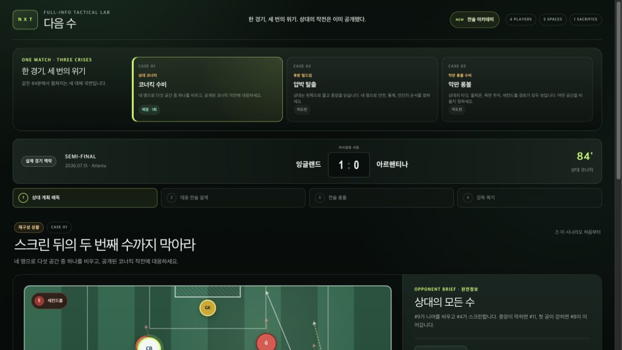 세 가지 전술 CASE와 실제 경기 맥락을 보여 주는 다음 수의 시작 화면